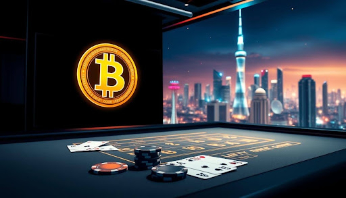 Casino Bitcoin Symbol Roulette Table with Chips and Cards and City Skyline