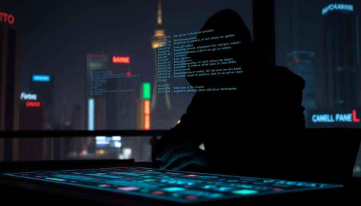 hooded person working with a big display at night