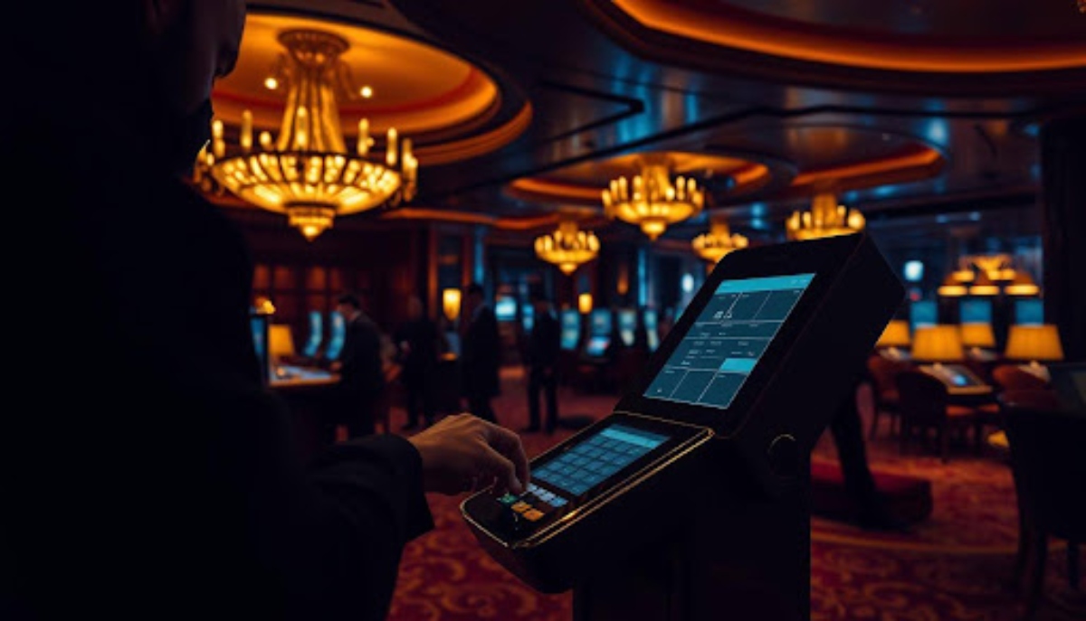hooded person in front of a slot machine inside a casino