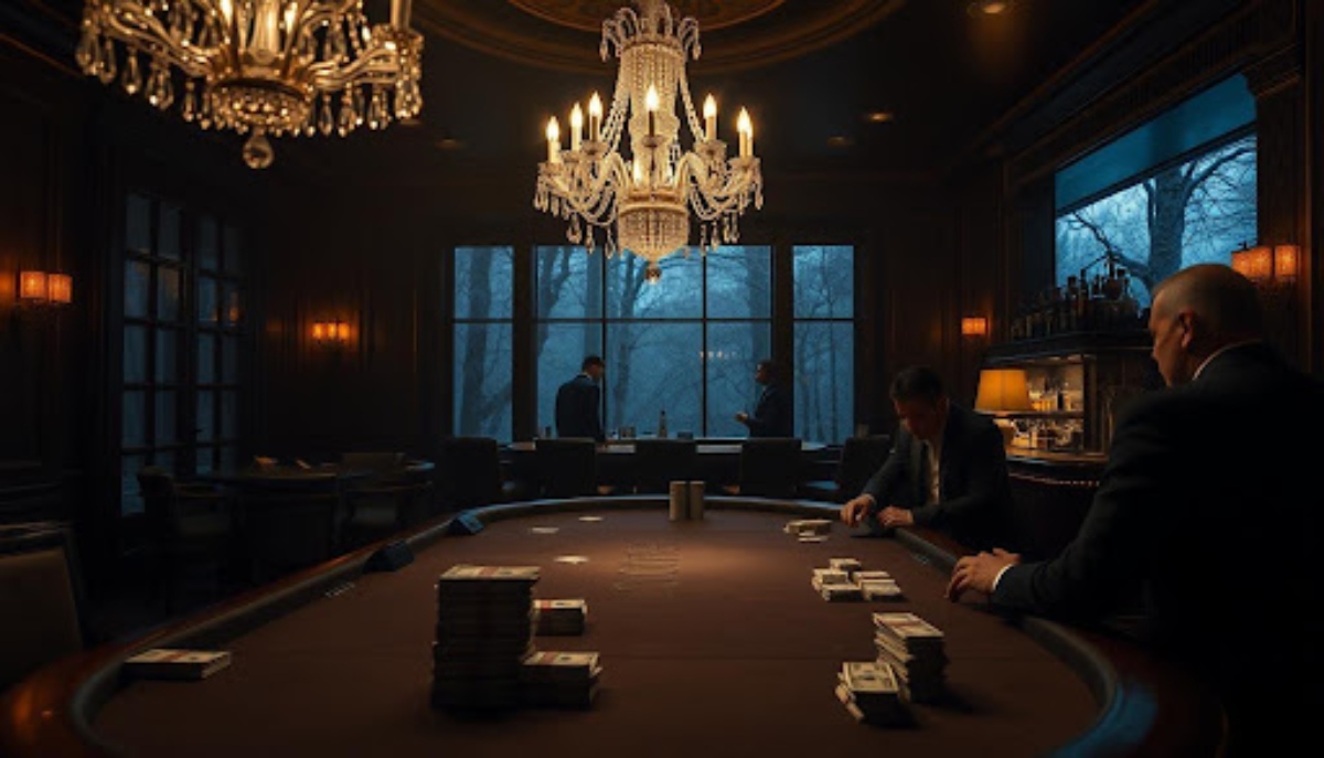 4 men in a casino with cash bills on the table