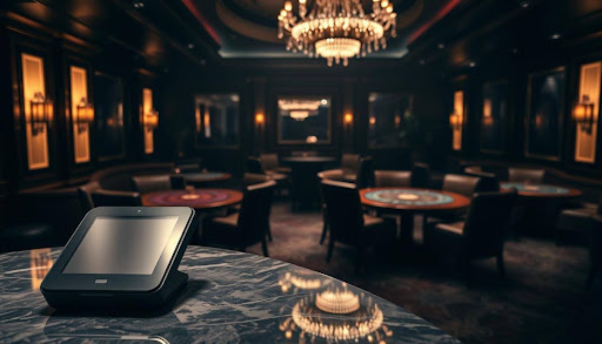 empty casino with chandelier and tables