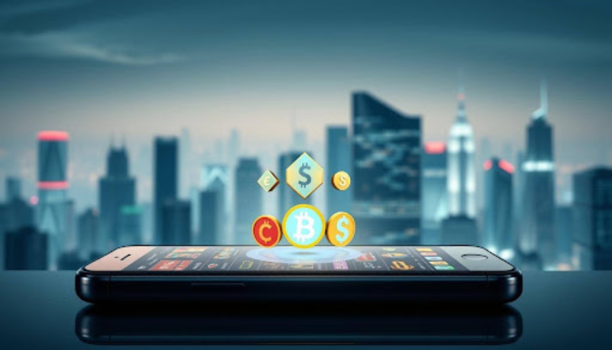 Smartphone laying on a table with skyline in the background