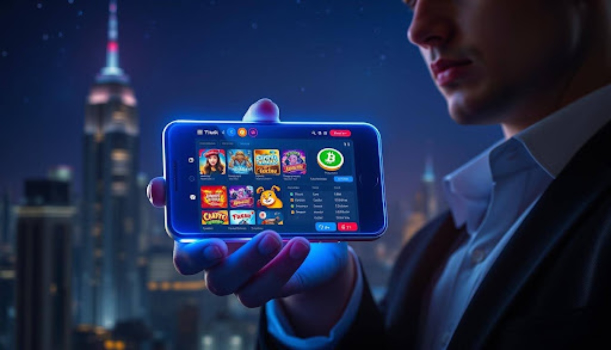Man holding a smartphone displaying a crypto casino website