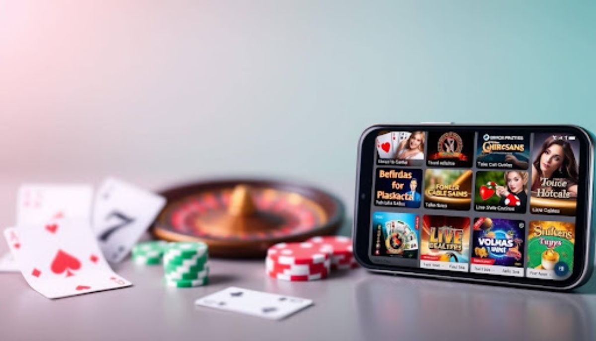 smartphone displaying a crypto casino website next to poker cards and chips